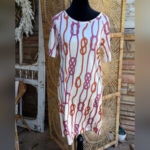 Pink Tartan 100% SILK Knot Print Shift Dress - Cream with Pink & Orange"M